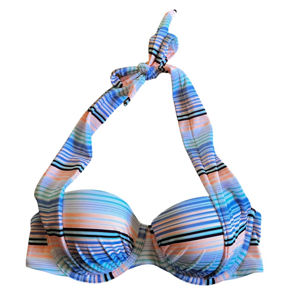 VICTORIA’S SECRET Swim Top Halter Lightly Peach Blue Stripe Size 34B